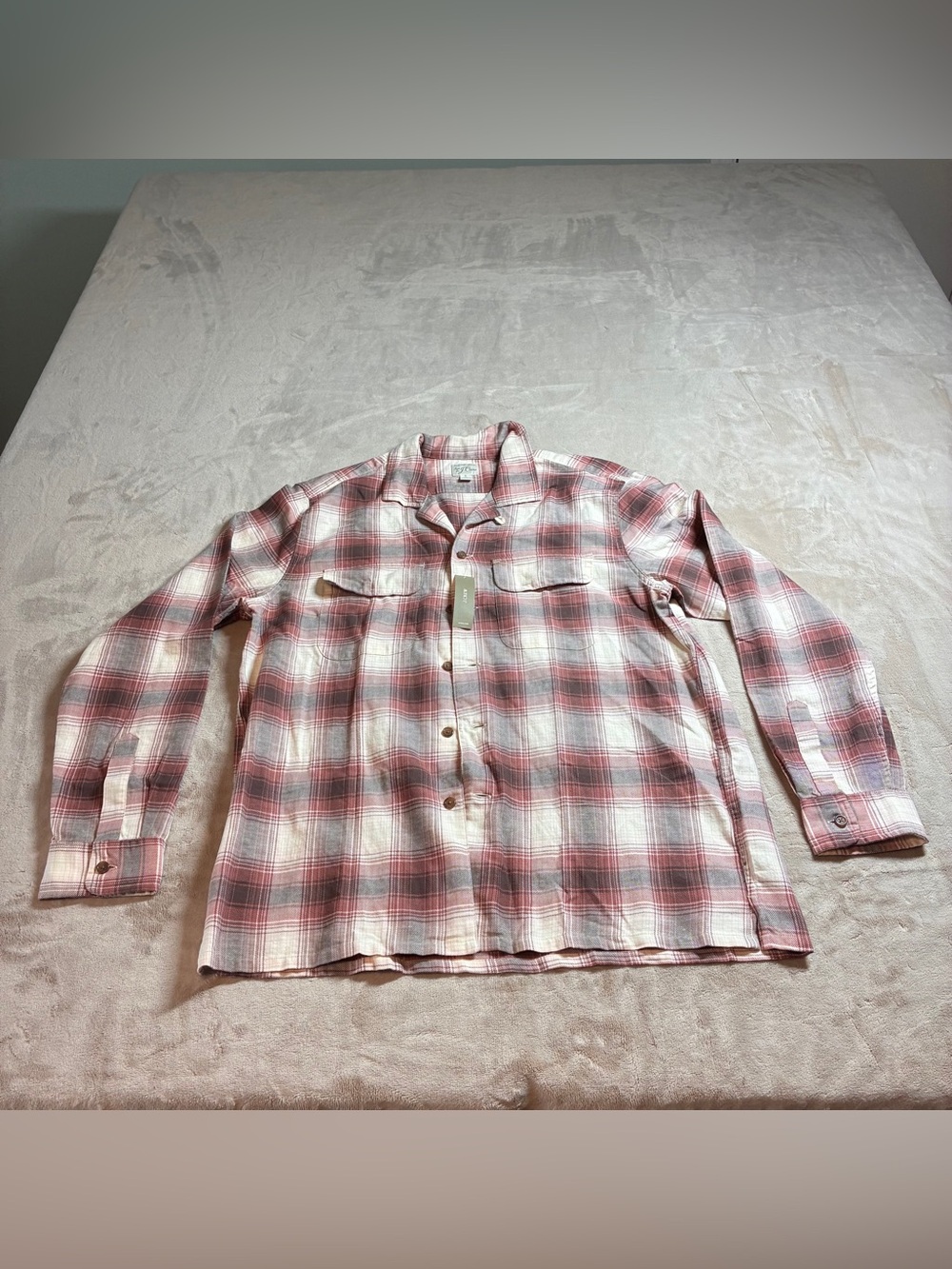 NWT J.Crew Plaid Flannel Shirt Cotton Hemp Camp Collar Men Large Pink Gray FA25